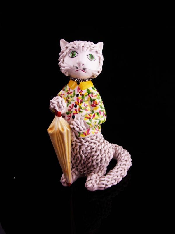 Vintage Parisian cat / Capodimonte spaghetti porcelain / Whimsical Cat / rhinestone collar / porcelain umbrella / veterinarian petsitter gift