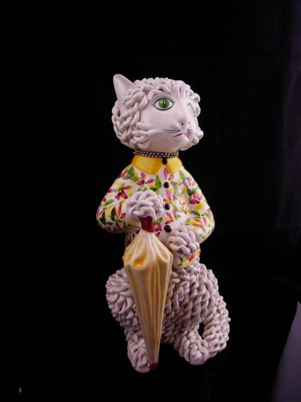 Vintage Parisian cat / Capodimonte spaghetti porcelain / Whimsical Cat / rhinestone collar / porcelain umbrella / veterinarian petsitter gift