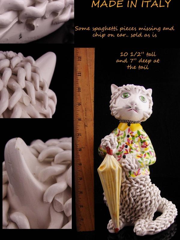 Vintage Parisian cat / Capodimonte spaghetti porcelain / Whimsical Cat / rhinestone collar / porcelain umbrella / veterinarian petsitter gift