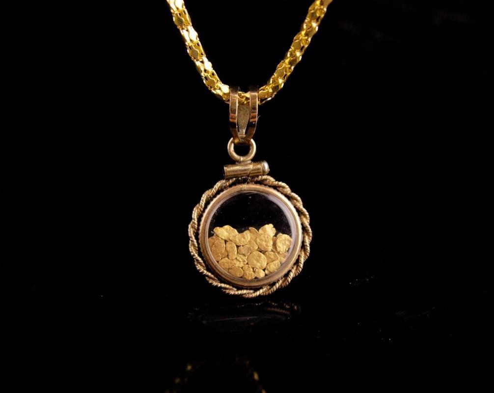 Gold miner locket necklace / Genuine gold flakes pendant / vintage 2 sided gold filled glass necklace / mens womens jewelry