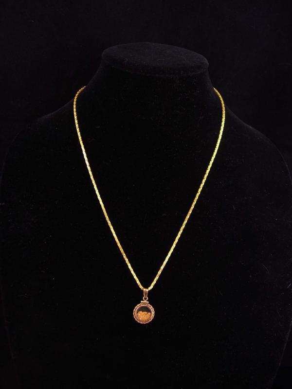 Gold miner locket necklace / Genuine gold flakes pendant / vintage 2 sided gold filled glass necklace / mens womens jewelry