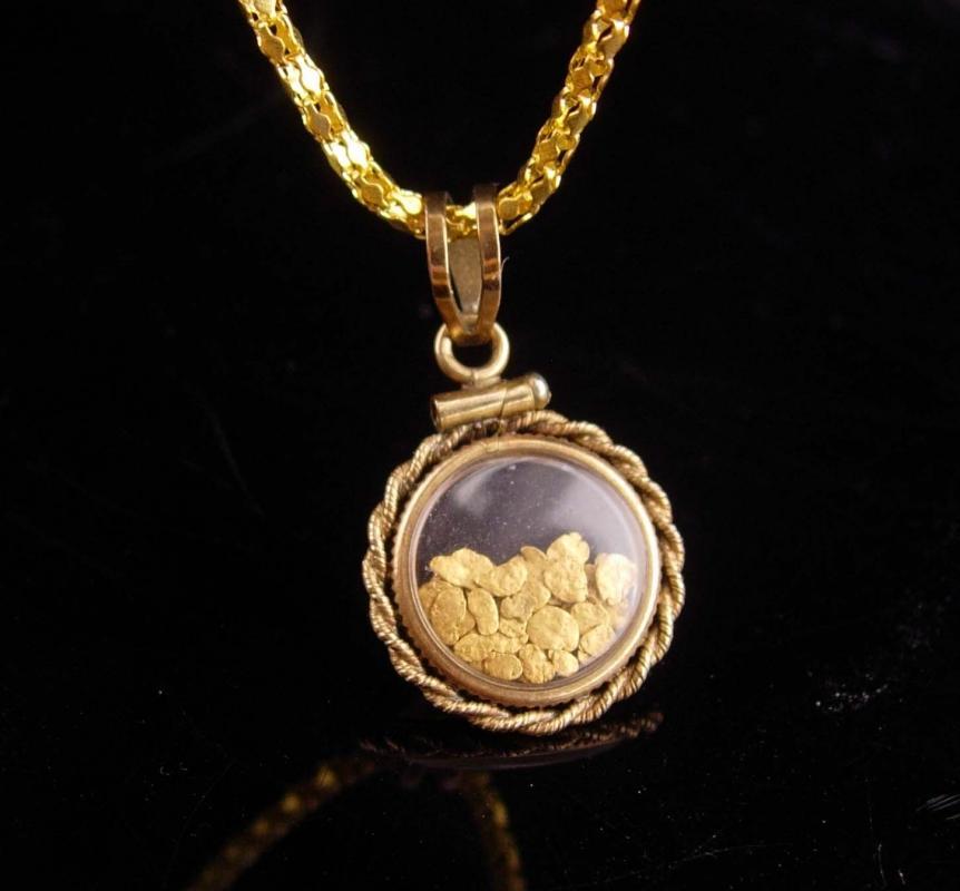 Gold miner locket necklace / Genuine gold flakes pendant / vintage 2 sided gold filled glass necklace / mens womens jewelry