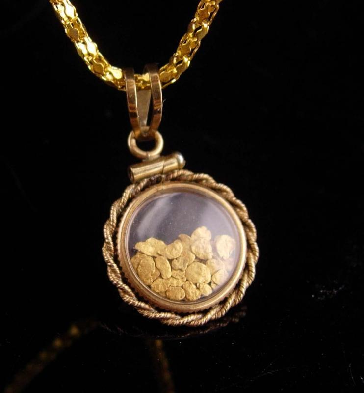 Gold miner locket necklace / Genuine gold flakes pendant / vintage 2 sided gold filled glass necklace / mens womens jewelry