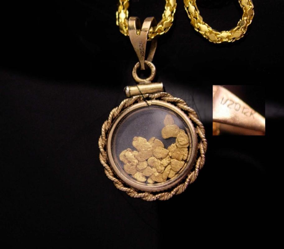 Gold miner locket necklace / Genuine gold flakes pendant / vintage 2 sided gold filled glass necklace / mens womens jewelry
