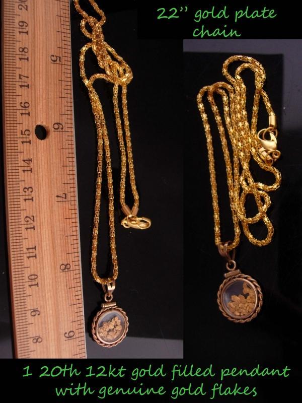 Gold miner locket necklace / Genuine gold flakes pendant / vintage 2 sided gold filled glass necklace / mens womens jewelry