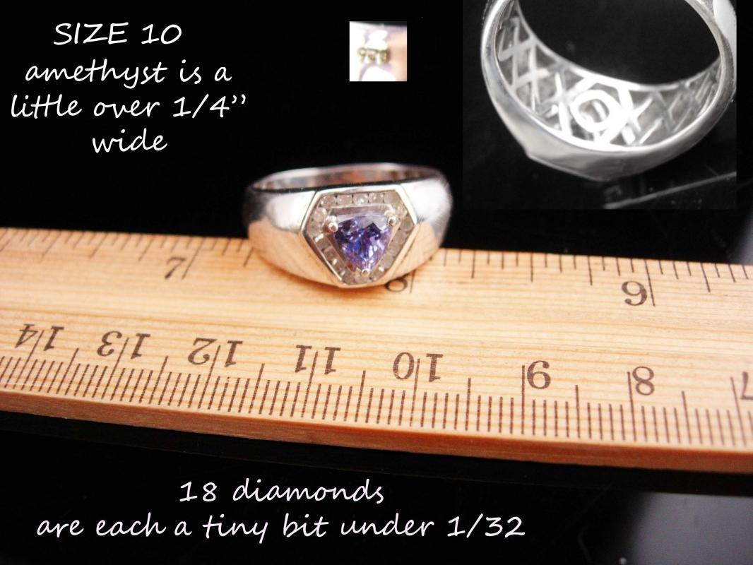18 Diamonds Ring / Trillion cut Amethyst / Vintage mans or womans band / size 10 / Sterling / purple stone / aquarius birthstone february