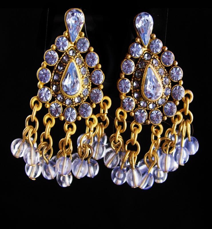 Vintage Rhinestone earrings / Clip on chandelier set / Gypsy bohemian earrings / gold blue stones / wedding jewelry / mother of bride gift