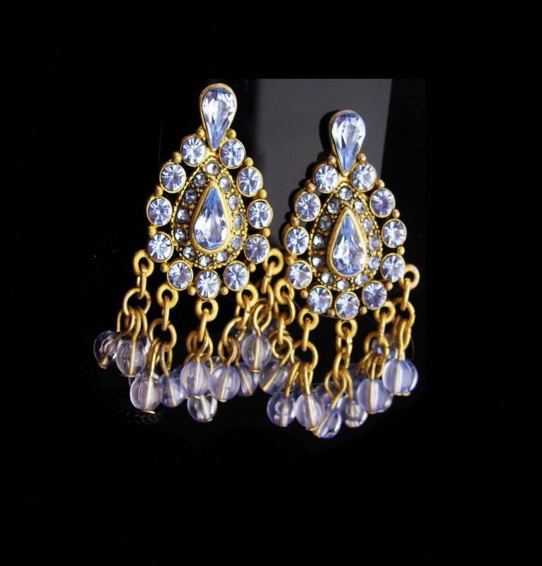 Vintage Rhinestone earrings / Clip on chandelier set / Gypsy bohemian earrings / gold blue stones / wedding jewelry / mother of bride gift