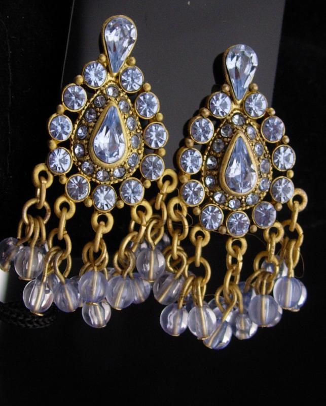 Vintage Rhinestone earrings / Clip on chandelier set / Gypsy bohemian earrings / gold blue stones / wedding jewelry / mother of bride gift