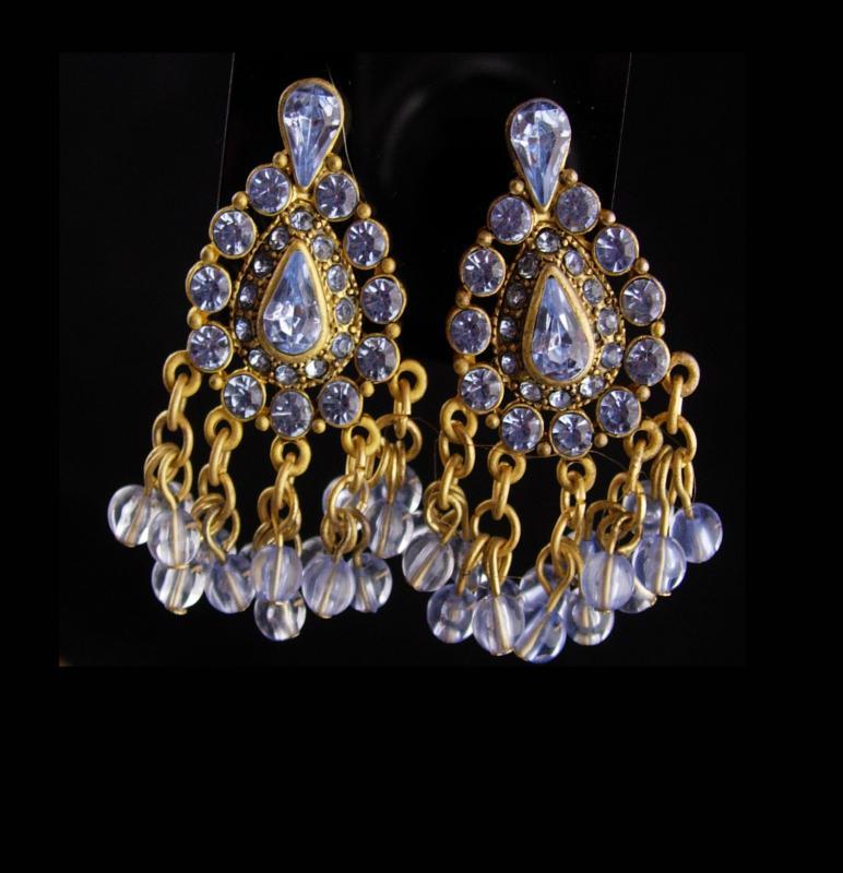 Vintage Rhinestone earrings / Clip on chandelier set / Gypsy bohemian earrings / gold blue stones / wedding jewelry / mother of bride gift