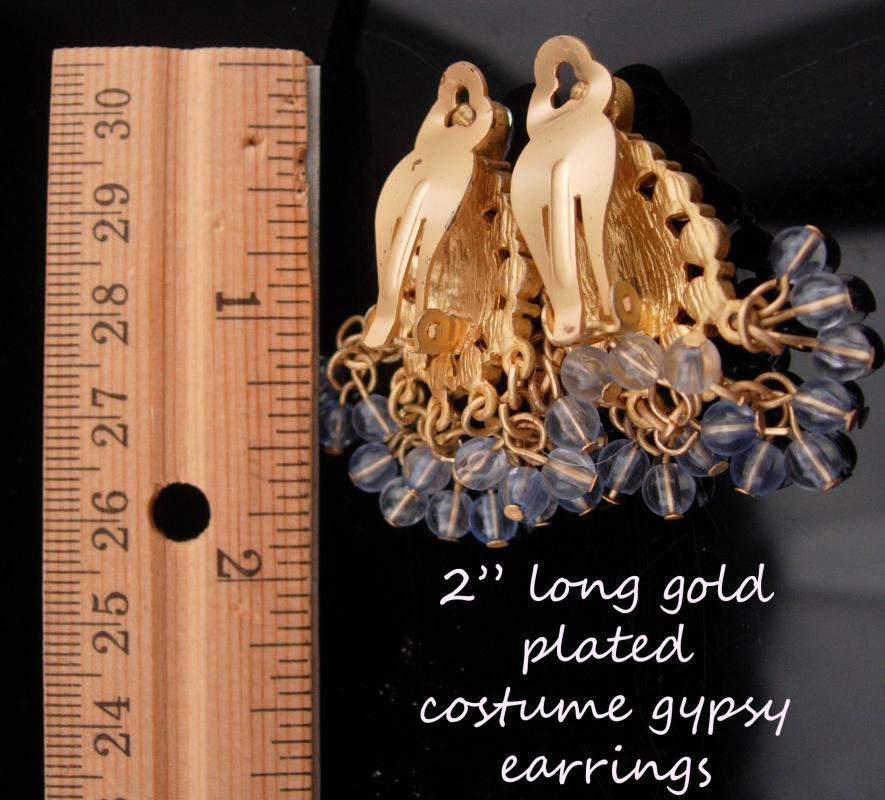 Vintage Rhinestone earrings / Clip on chandelier set / Gypsy bohemian earrings / gold blue stones / wedding jewelry / mother of bride gift