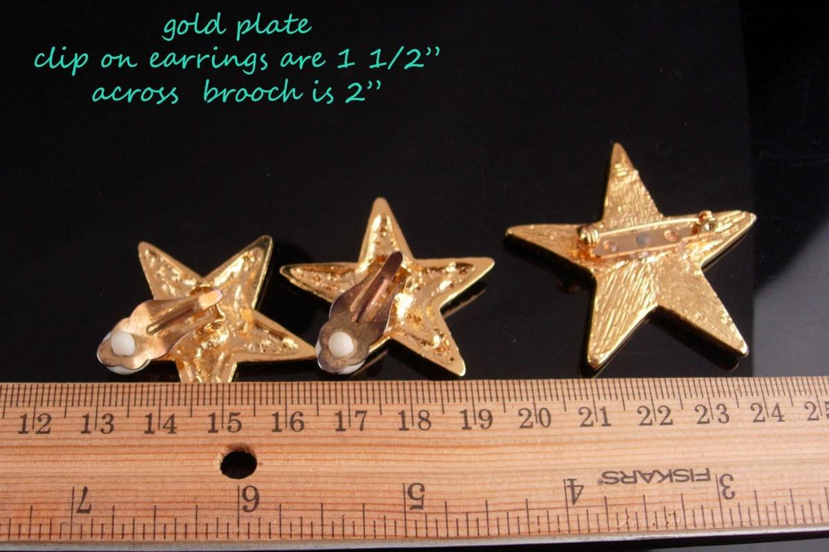 Vintage Star Earrings set / rhinestone star brooch / mystical jewelry / goddess set / valentines day gift / gold clip on earrings / diva set