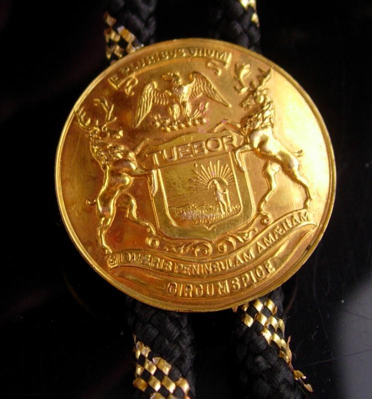 Fancy Gold stripe Bolo / Cowboy Indian / Rodeo rider / eagle Biker gift / Great Seal of Michigan / I will defend / coat of arms