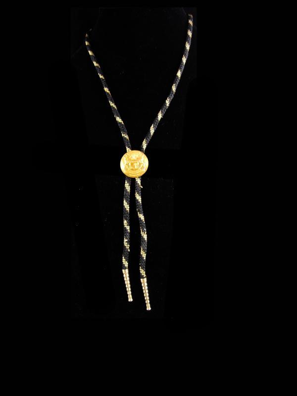 Fancy Gold stripe Bolo / Cowboy Indian / Rodeo rider / eagle Biker gift / Great Seal of Michigan / I will defend / coat of arms