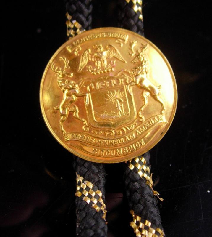 Fancy Gold stripe Bolo / Cowboy Indian / Rodeo rider / eagle Biker gift / Great Seal of Michigan / I will defend / coat of arms