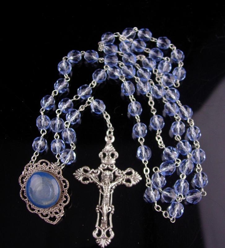 Vintage glass Rosary / Blue Italy Crucifix / Holy water bubble rosary / Religious Confirmation / Church Christian / Catholic Wedding
