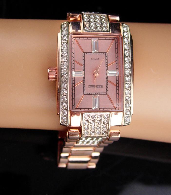 Rhinestone watch / rose gold plate band / mens womens bracelet watch / works great / baguette face / 8