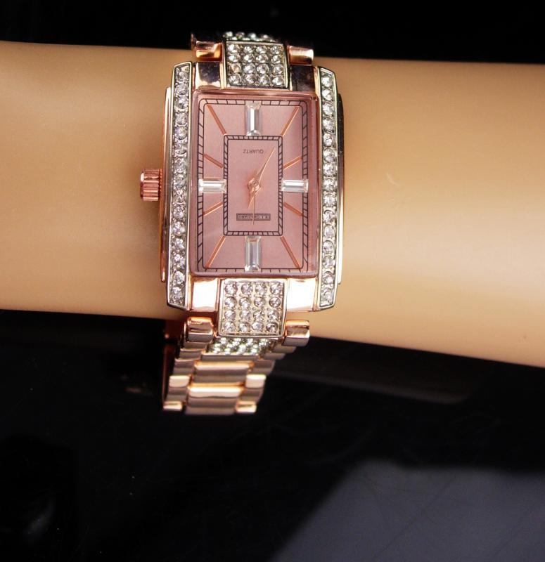 Rhinestone watch / rose gold plate band / mens womens bracelet watch / works great / baguette face / 8