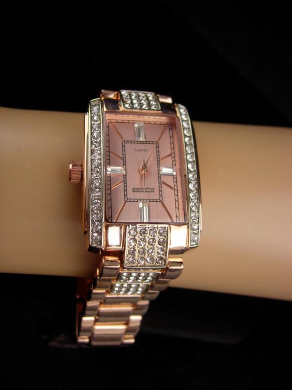 Rhinestone watch / rose gold plate band / mens womens bracelet watch / works great / baguette face / 8