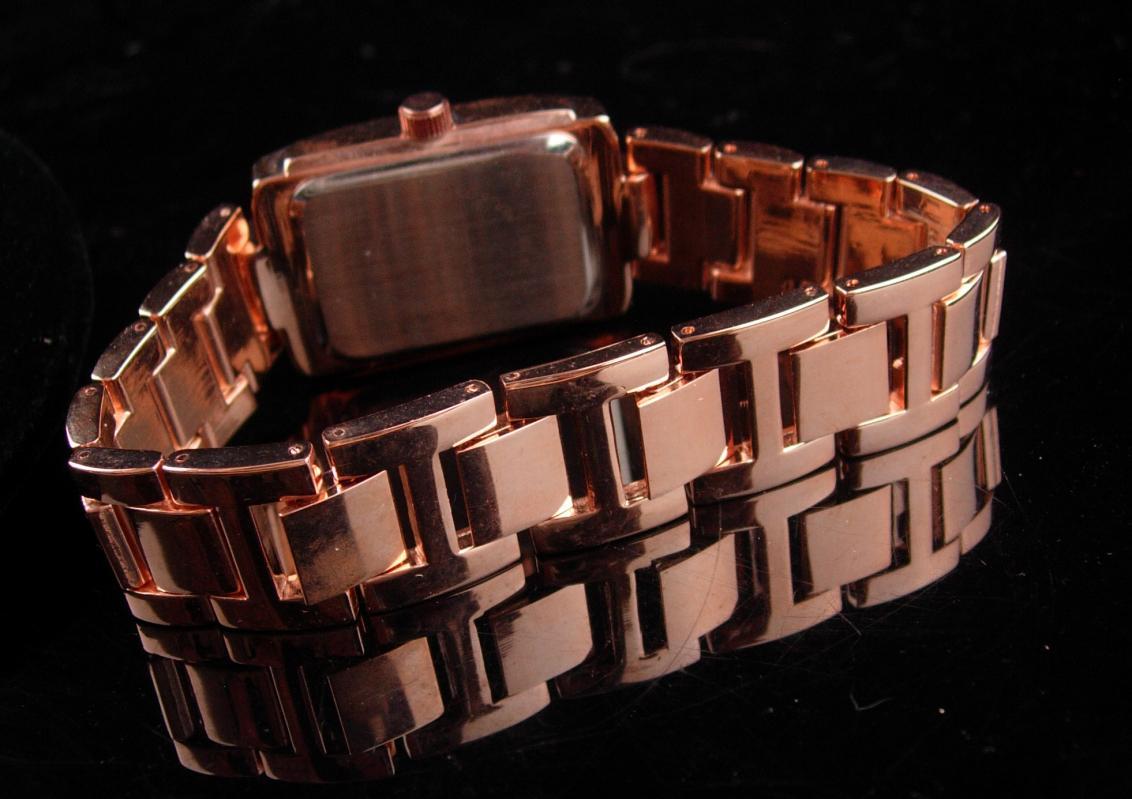 Rhinestone watch / rose gold plate band / mens womens bracelet watch / works great / baguette face / 8