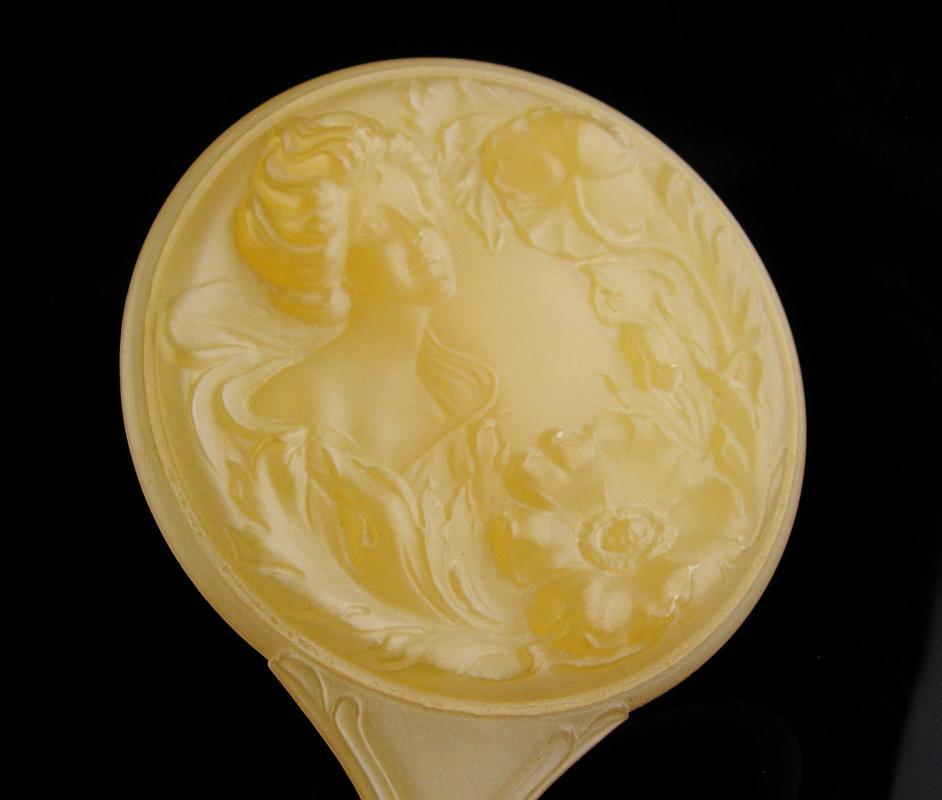 Art Nouveau Gibson Girl Mirror / vintage celluloid mirror / Antique hand mirror / raised relief woman / vanity accessory