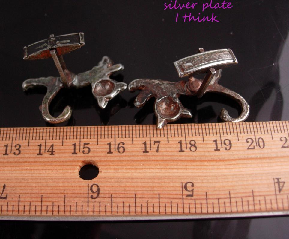 vintage Black cat cufflinks / Halloween cat set / Vintage silver witch accessory / novelty set / burlesque groom gift