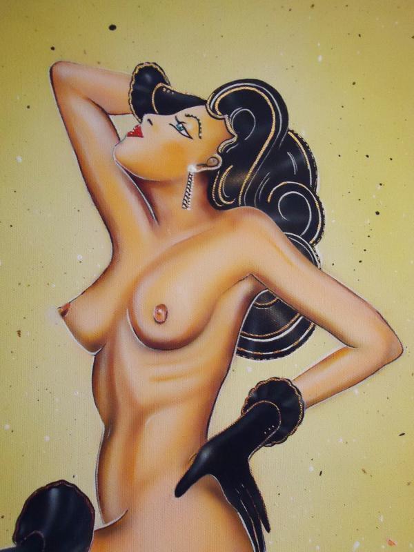 Art Deco NUDE Painting / HUGE framed art / Black boots / pinup girl / female art / burlesque painting / SIGNED John Davis Canvas mature