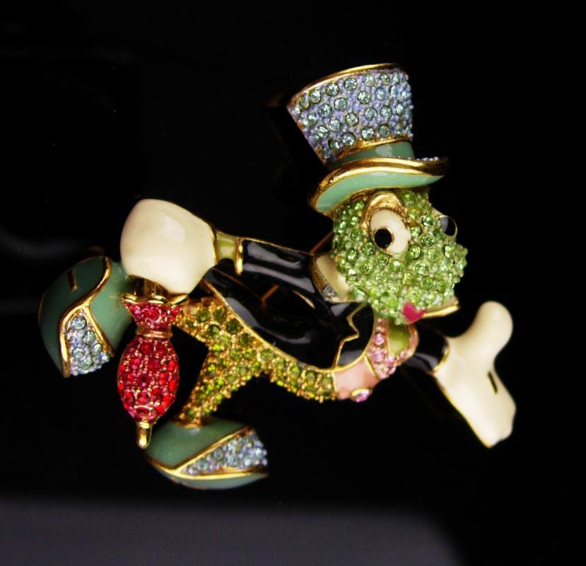 Vintage Cricket Brooch / Arribas Brothers enamel pin / over 100 swarovski rhinestones / insect Grasshopper / bug Good luck mens lapel pin
