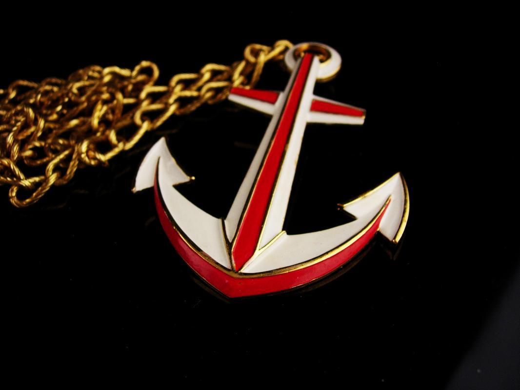 Trifari Navy Anchor necklace / LARGE Vintage Military pendant / Red White Blue Patriotic gift / sweetheart nautical jewelry /wife of sailor