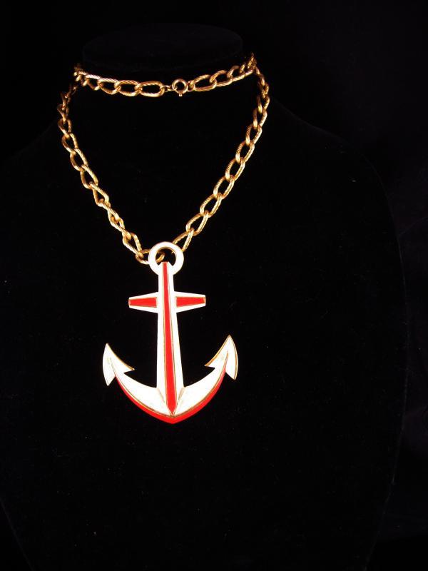 Trifari Navy Anchor necklace / LARGE Vintage Military pendant / Red White Blue Patriotic gift / sweetheart nautical jewelry /wife of sailor