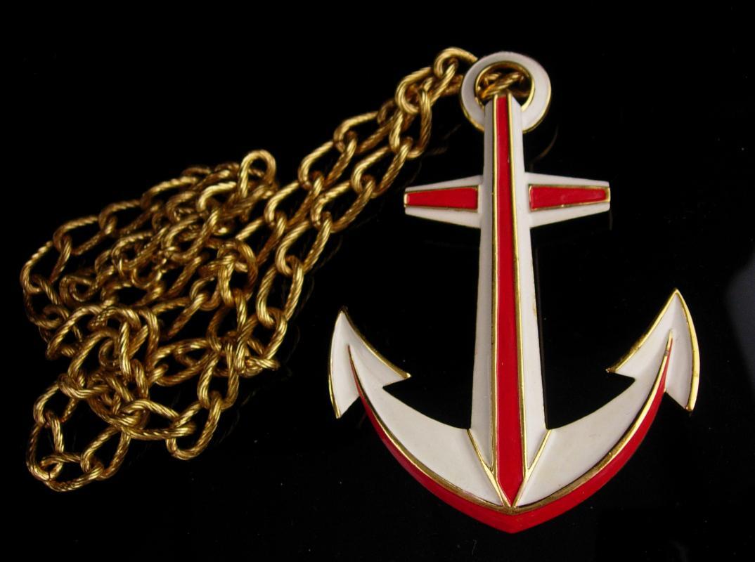Trifari Navy Anchor necklace / LARGE Vintage Military pendant / Red White Blue Patriotic gift / sweetheart nautical jewelry /wife of sailor