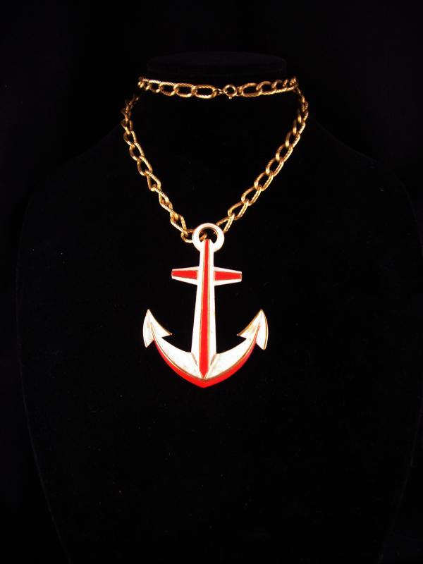 Trifari Navy Anchor necklace / LARGE Vintage Military pendant / Red White Blue Patriotic gift / sweetheart nautical jewelry /wife of sailor