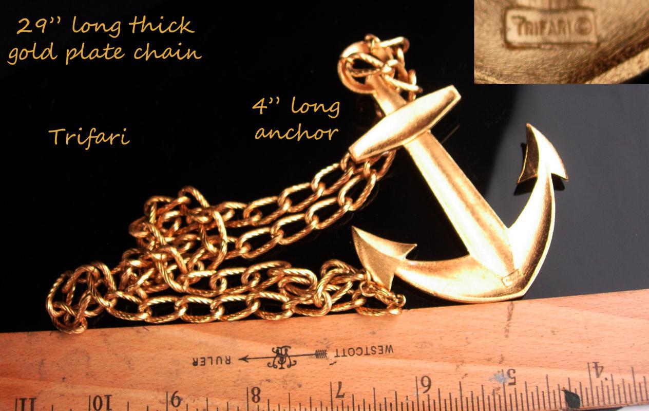Trifari Navy Anchor necklace / LARGE Vintage Military pendant / Red White Blue Patriotic gift / sweetheart nautical jewelry /wife of sailor