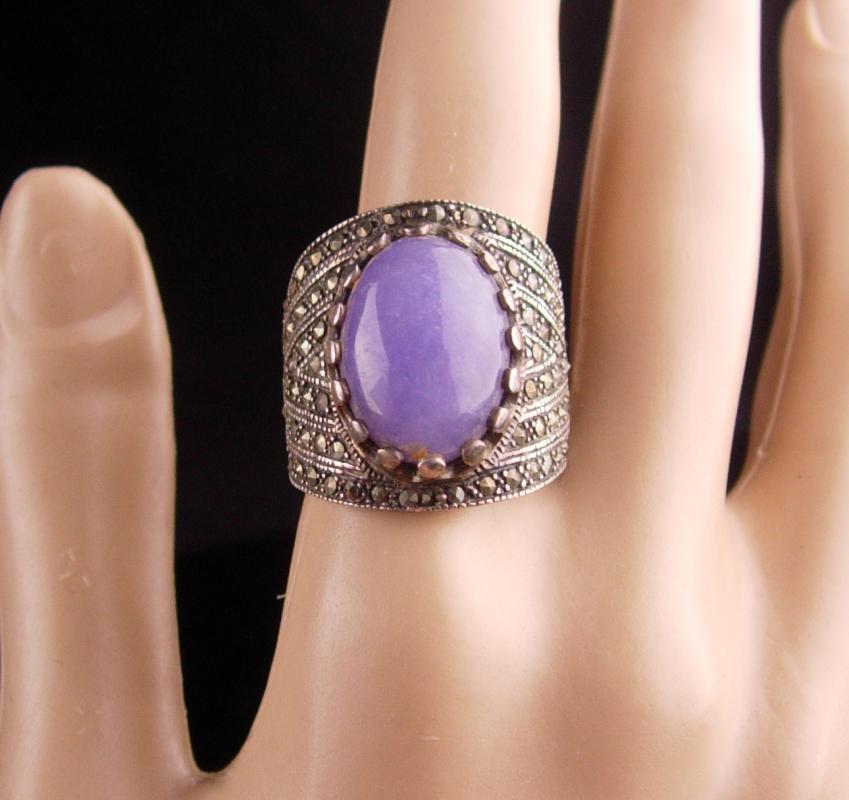Wide Sterling Ring / lilac Jade Ring / size 9 / marcasite silver / ladies fine jewelry / Lavender purple / aquarius birthstone february