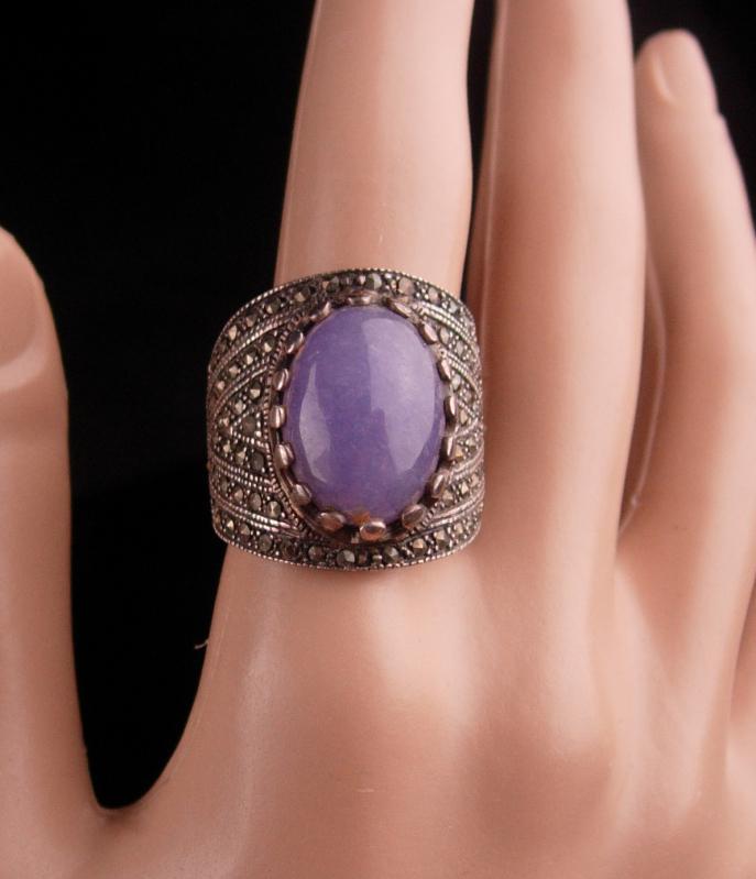 Wide Sterling Ring / lilac Jade Ring / size 9 / marcasite silver / ladies fine jewelry / Lavender purple / aquarius birthstone february