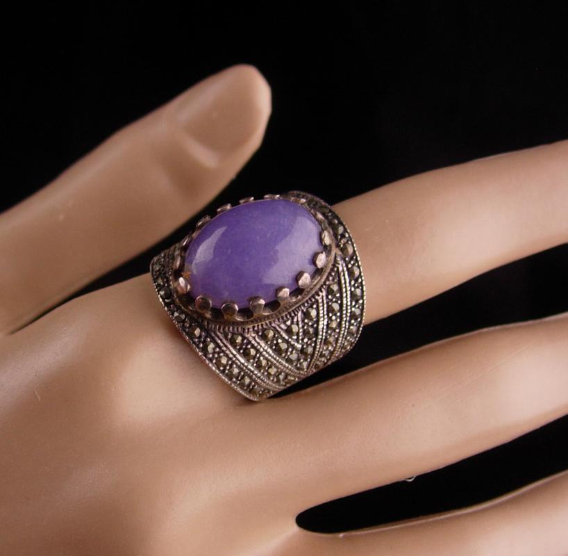 Wide Sterling Ring / lilac Jade Ring / size 9 / marcasite silver / ladies fine jewelry / Lavender purple / aquarius birthstone february