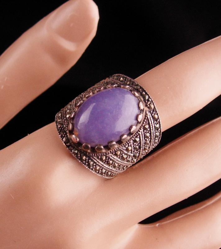 Wide Sterling Ring / lilac Jade Ring / size 9 / marcasite silver / ladies fine jewelry / Lavender purple / aquarius birthstone february