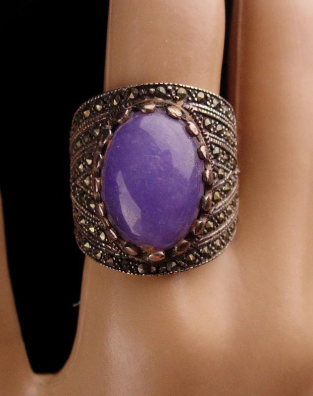 Wide Sterling Ring / lilac Jade Ring / size 9 / marcasite silver / ladies fine jewelry / Lavender purple / aquarius birthstone february
