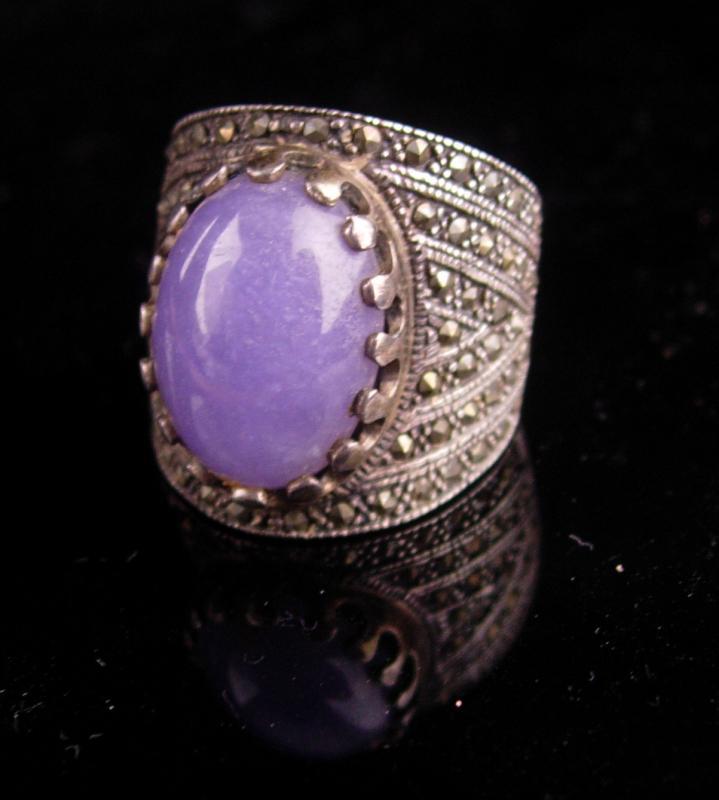 Wide Sterling Ring / lilac Jade Ring / size 9 / marcasite silver / ladies fine jewelry / Lavender purple / aquarius birthstone february