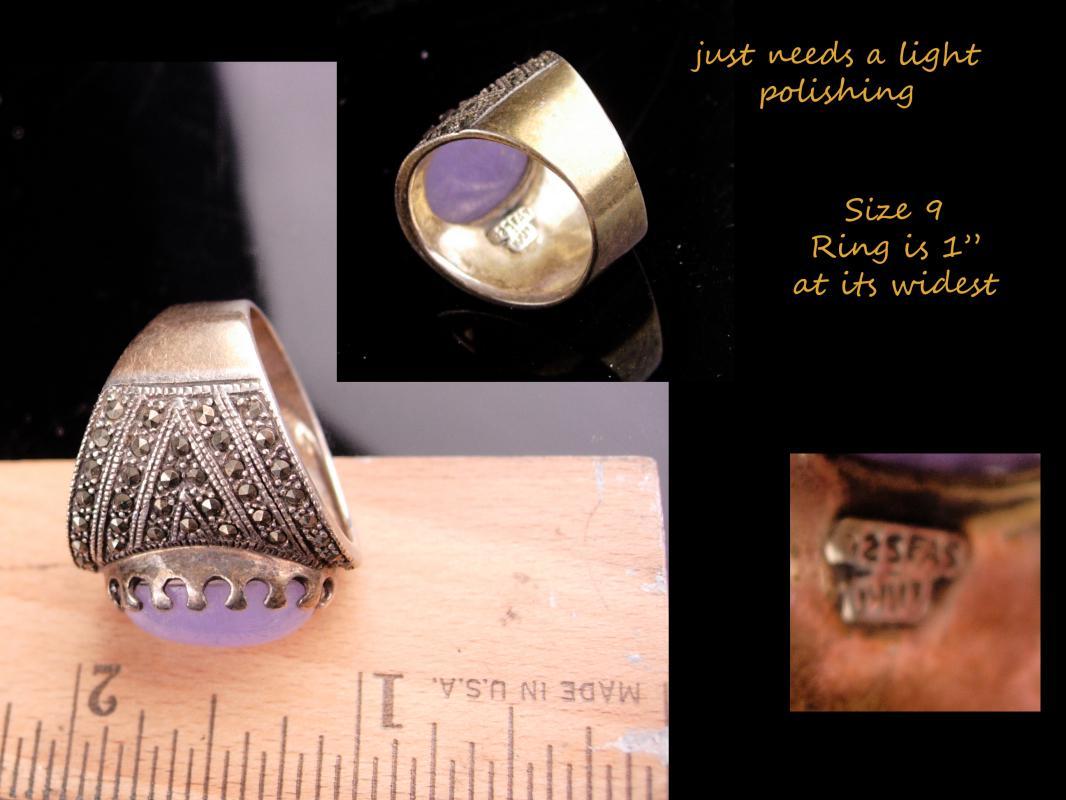 Wide Sterling Ring / lilac Jade Ring / size 9 / marcasite silver / ladies fine jewelry / Lavender purple / aquarius birthstone february