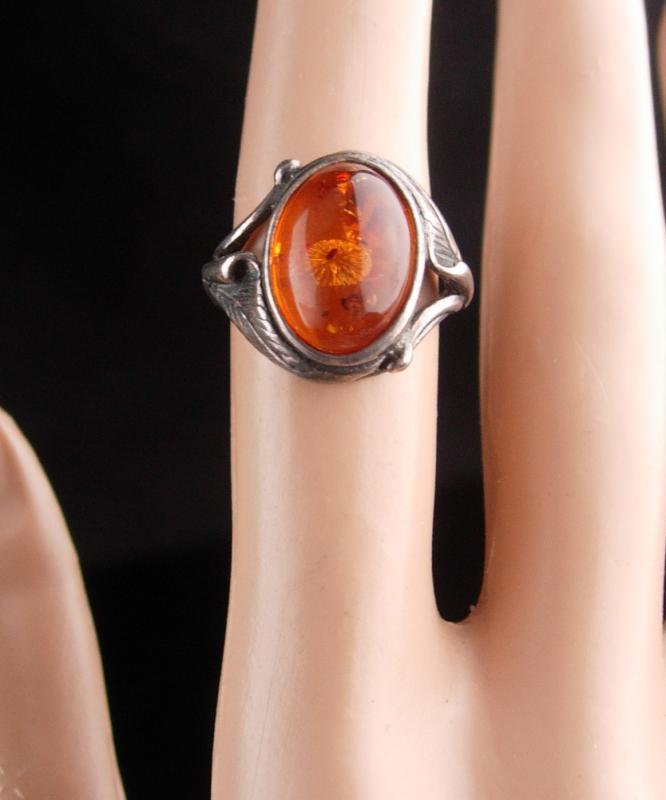 Vintage art nouveau Ring / sterling silver Amber / raised fancy setting / signed K / heirloom jewelry/ Mothers Day / Birthday size 5 1/2
