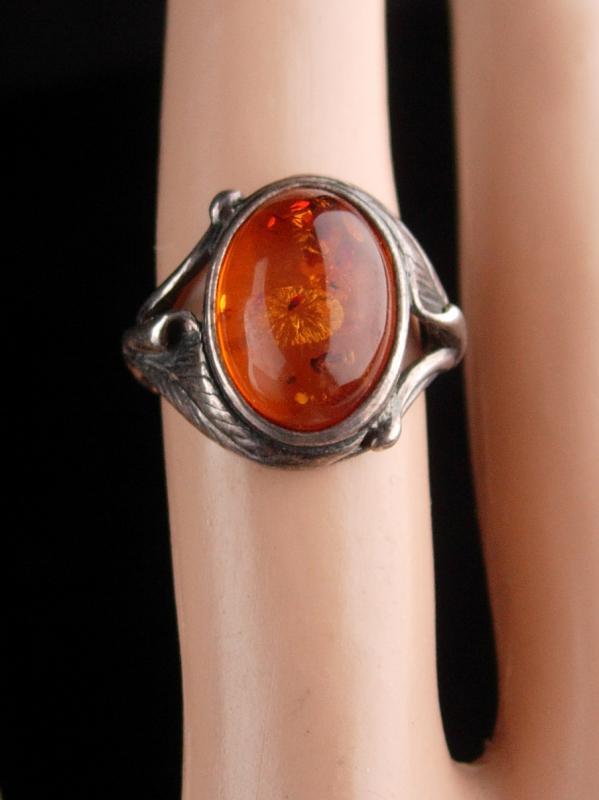Vintage art nouveau Ring / sterling silver Amber / raised fancy setting / signed K / heirloom jewelry/ Mothers Day / Birthday size 5 1/2