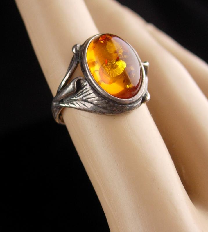 Vintage art nouveau Ring / sterling silver Amber / raised fancy setting / signed K / heirloom jewelry/ Mothers Day / Birthday size 5 1/2