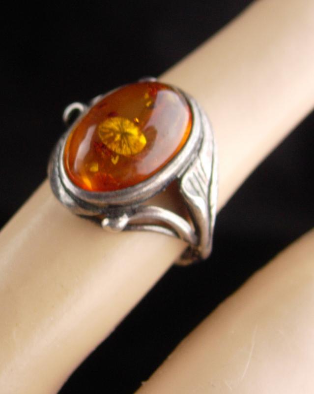 Vintage art nouveau Ring / sterling silver Amber / raised fancy setting / signed K / heirloom jewelry/ Mothers Day / Birthday size 5 1/2