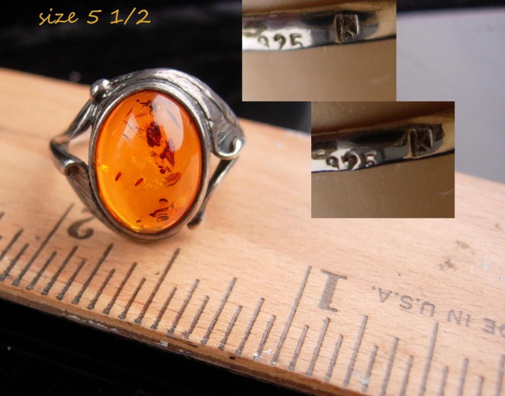 Vintage art nouveau Ring / sterling silver Amber / raised fancy setting / signed K / heirloom jewelry/ Mothers Day / Birthday size 5 1/2