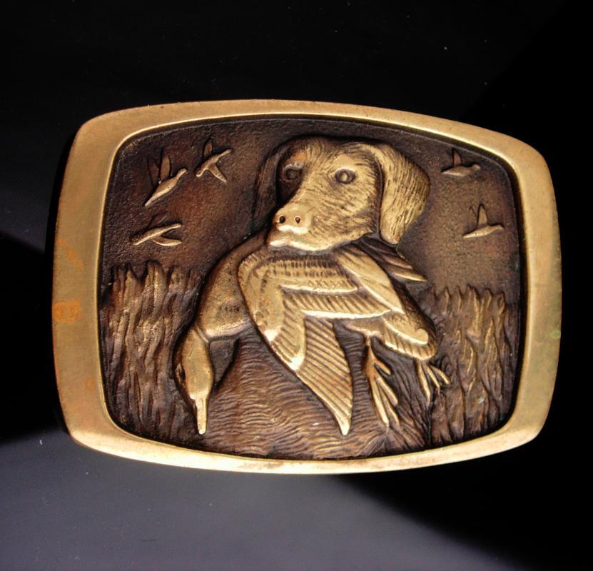 Vintage Dog BUCKLE / golden retriever / Hunting dog / Pointer Spaniel / animal lover / brass duck buckle / mens cool hunter made in usa