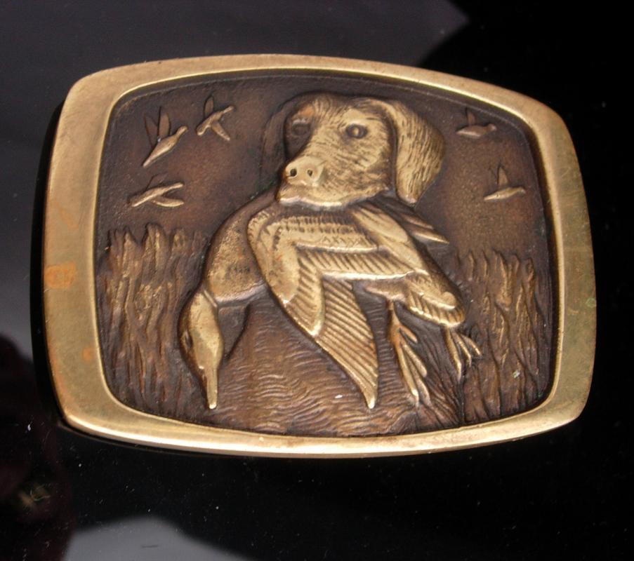 Vintage Dog BUCKLE / golden retriever / Hunting dog / Pointer Spaniel / animal lover / brass duck buckle / mens cool hunter made in usa