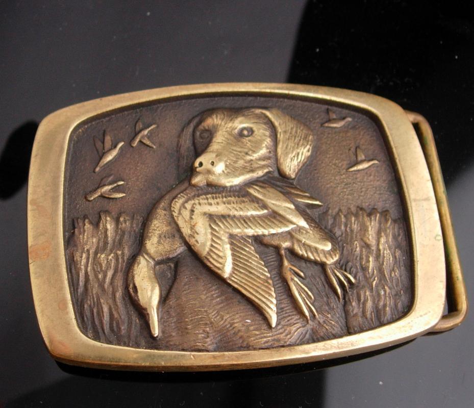 Vintage Dog BUCKLE / golden retriever / Hunting dog / Pointer Spaniel / animal lover / brass duck buckle / mens cool hunter made in usa
