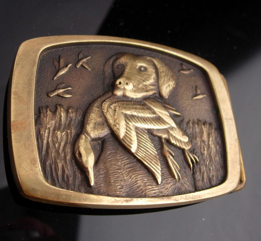 Vintage Dog BUCKLE / golden retriever / Hunting dog / Pointer Spaniel / animal lover / brass duck buckle / mens cool hunter made in usa