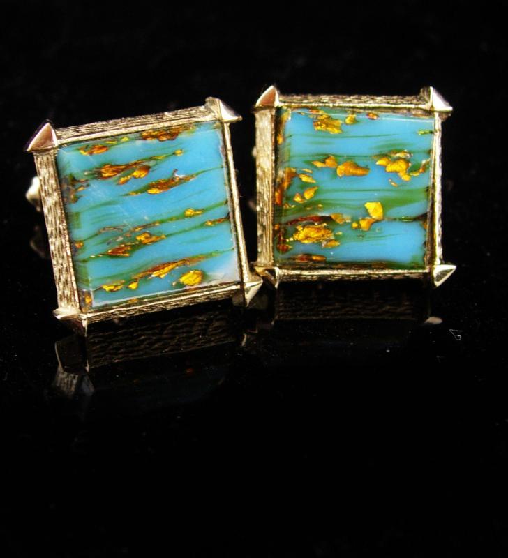 Blue gold quartz cufflinks / vintage Venetian Foil Cufflinks / retro Destino set / blue turquoise color / Business suit / Wedding groom gift